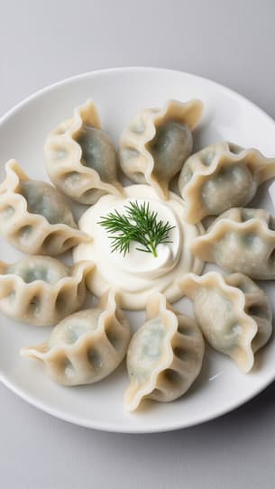 Authentic Russian Pelmeni Dumplings. Delicious handmade Russian pelmeni, garnished with fresh herbs, served in an elegant restaurant setting at Beluga Restaurant in San Francisco.