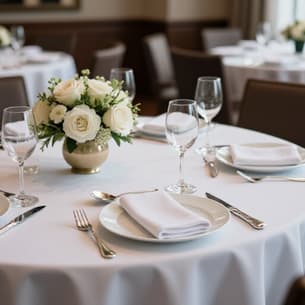 Elegant rehearsal dinner table setting in San Francisco. A beautifully decorated table at Beluga Banquet Hall, adorned with fine china, crystal glassware, and floral arrangements, perfect for an intimate pre-wedding celebration.