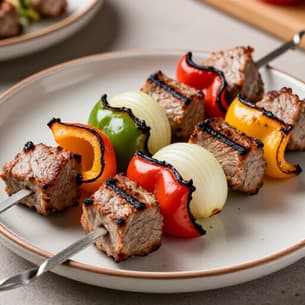 Exquisite Armenian Shish Kebab. Perfectly grilled shish kebab, vibrant with fresh vegetables and succulent meat, presented beautifully at Beluga Restaurant & Banquet Hall.