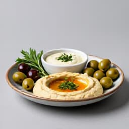 Exquisite Armenian Mezze Platter. A vibrant mezze platter featuring a variety of Armenian dips, olives, and fresh vegetables, perfect for sharing at Beluga Restaurant.