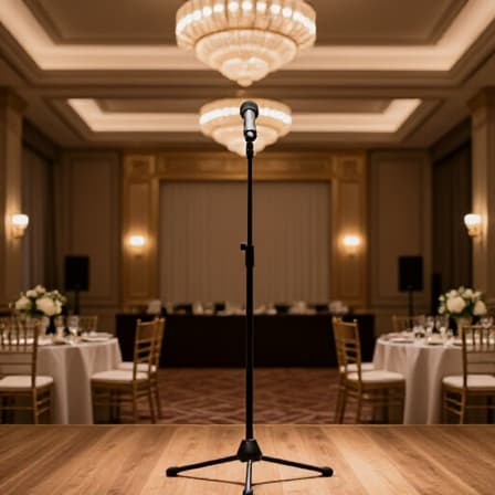 Elegant corporate event banquet hall setup in San Francisco. A beautifully decorated venue ready for a professional business gathering, featuring round tables with crisp linens and modern chairs, suitable for various corporate functions.