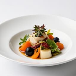 Elegant banquet menu plated dish, featuring authentic Russian cuisine, meticulously prepared for a San Francisco event, showcasing culinary artistry and fresh ingredients.