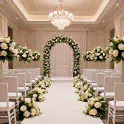 Elegant indoor wedding ceremony setup in San Francisco, featuring white chairs, floral arrangements, and soft lighting. Perfect venue for intimate and grand celebrations.