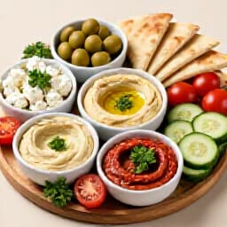 Exquisite Mezze Platter in San Francisco. A beautifully arranged mezze platter featuring a variety of authentic Mediterranean appetizers like hummus, baba ghanoush, olives, and fresh vegetables, perfect for dining.