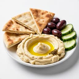Exquisite Mezze Platters with Assorted Dips. A colorful spread of hummus, baba ghanoush, olives, and fresh pita bread, perfect for a Mediterranean dining experience.