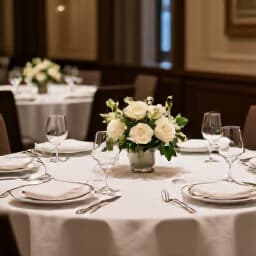 Intimate Event Dining Setup in San Francisco. A beautifully set table in a small banquet hall, perfect for private parties and mini-gatherings, showcasing elegant decor and ambient lighting.