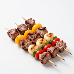 Mediterranean Grilled Shish Kebab Platter. A delicious assortment of perfectly cooked skewers with fresh vegetables and garnishes.