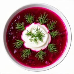 Traditional Russian Borscht Soup. A bowl of vibrant red borscht, a classic Russian beet soup, garnished with fresh herbs and sour cream, representing the authentic flavors served at Beluga Restaurant.