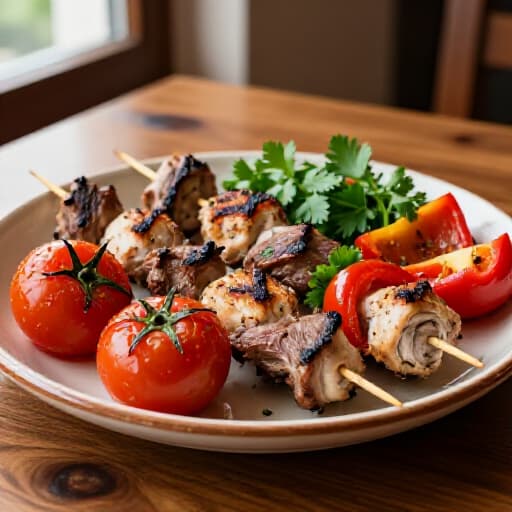 Authentic Armenian Khorovats. Grilled meats with fresh vegetables, showcasing traditional Armenian BBQ techniques, vibrant colors, and succulent textures.