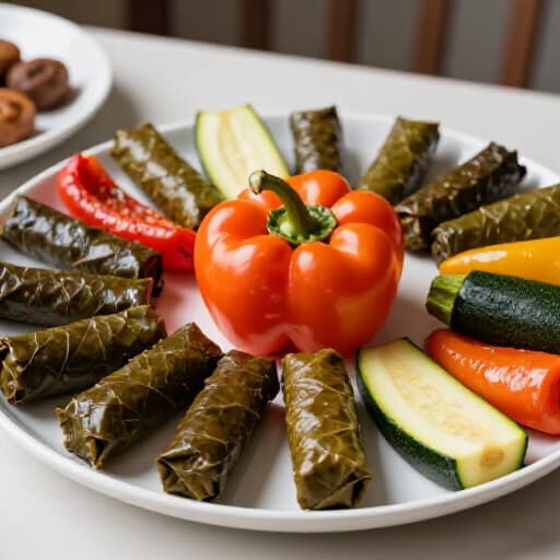 Platter of authentic Armenian and Mediterranean Dolma. Delicious stuffed grape leaves and vegetables, perfect for dining in or catering at Beluga Restaurant in San Francisco.