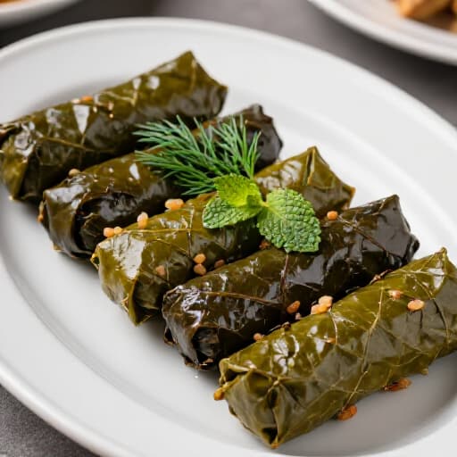 Authentic Dolma at Beluga Restaurant & Banquet Hall. A plate of perfectly rolled stuffed grape leaves, showcasing fresh herbs and savory filling, ready to be enjoyed as a traditional Armenian and Mediterranean dish.