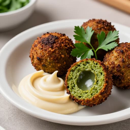 Authentic Falafel Plate with Tahini Sauce and Fresh Herbs. A delicious platter of golden-brown falafel, accompanied by creamy tahini sauce, fresh parsley, and a vibrant salad, showcasing a perfect meal at Beluga Restaurant in San Francisco.