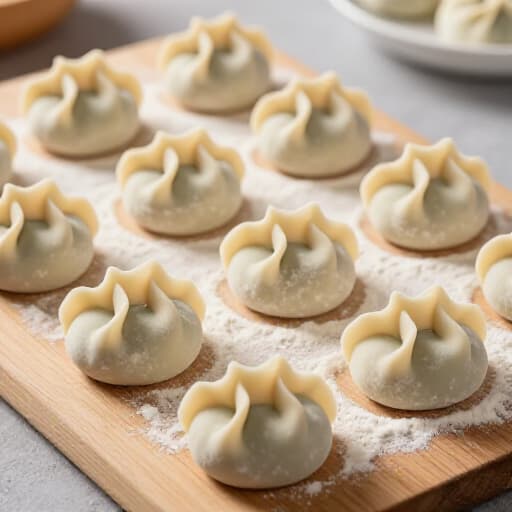 Authentic homemade pelmeni being crafted in a San Francisco kitchen. Close-up of hands hand-rolling delicate dough and filling traditional Russian dumplings with savory meat and fresh herbs.
