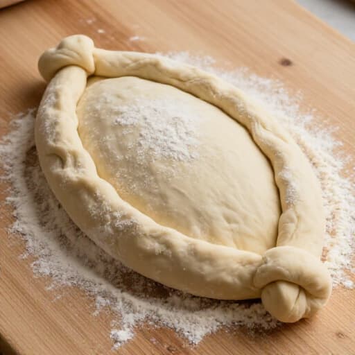 Authentic Khachapuri Baking Process. A close-up shot of a chef preparing traditional Georgian Khachapuri, showcasing the meticulously kneaded dough and fresh ingredients, emphasizing the artisanal craft.