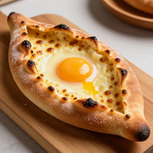 Authentic Khachapuri served in a warm dining setting at Beluga Restaurant San Francisco. A golden-baked Khachapuri, topped with an egg, on a wooden board, ready to be enjoyed in an elegant restaurant ambiance.