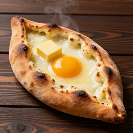 Authentic Khachapuri, Georgian Cheese Bread. A freshly baked Khachapuri, a traditional Georgian cheese bread, with a rich, molten cheese filling, highlighting its golden crust and delicious presentation at Beluga Restaurant in San Francisco.