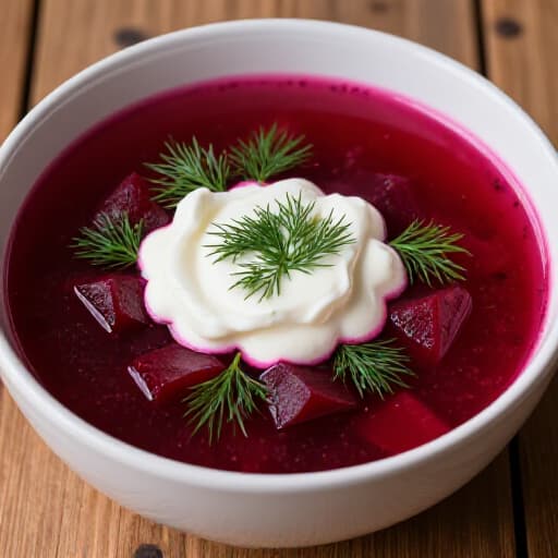 Authentic Russian Borscht Soup with Sour Cream and Dill. A vibrant bowl of traditional Russian Borscht, garnished generously with fresh sour cream (smetana) and fragrant dill, showcasing the hearty and comforting essence of Russian cuisine, perfect for a cold climate.