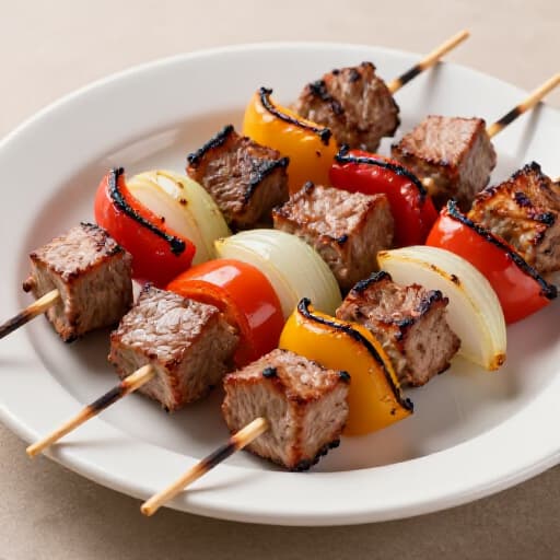 Authentic Shish Kebab Grilled Skewers. Deliciously marinated meat and vegetable skewers grilled to perfection over an open flame, showcasing traditional Armenian and Mediterranean culinary techniques at Beluga Restaurant in San Francisco.