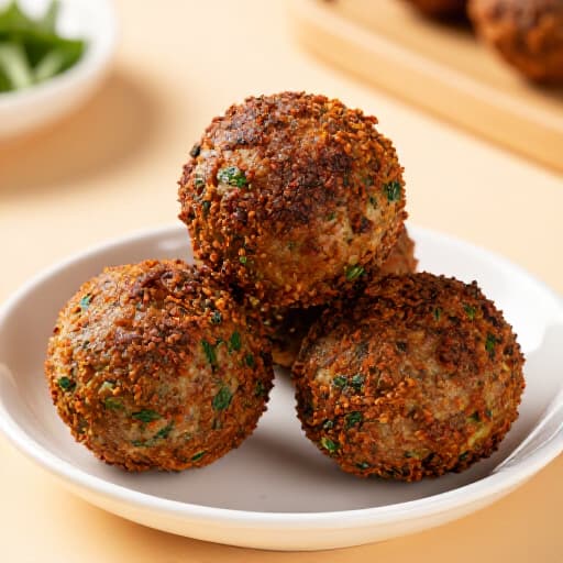 Authentic Vegan Falafel Platter in San Francisco. A vibrant platter of golden-brown falafel, fresh herbs, tahini sauce, and crisp vegetables, showcasing a healthy Mediterranean meal perfect for plant-based diets at Beluga Restaurant & Banquet Hall.