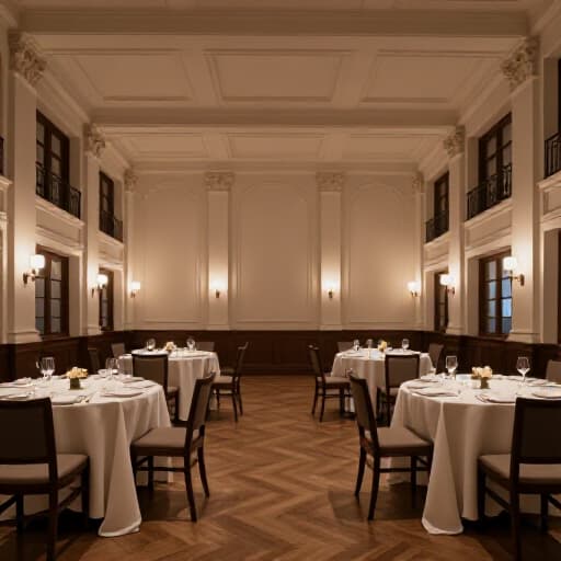 Elegant Event Space at Beluga Banquet Hall in San Francisco. A beautifully decorated banquet hall ready for a grand celebration, featuring elegant table settings, ambient lighting, and ample space for guests.