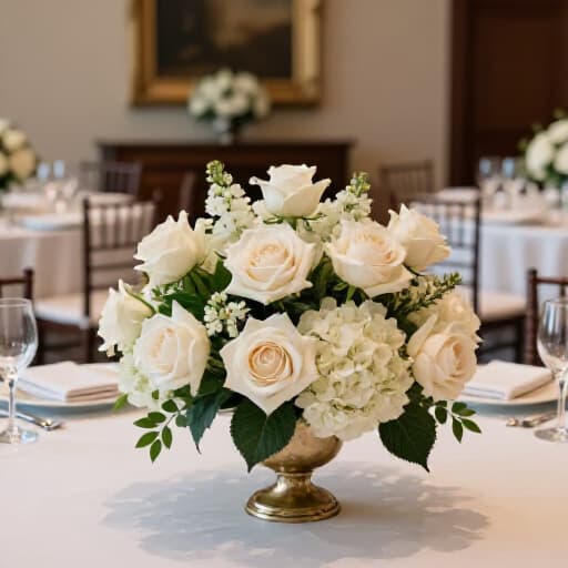 Elegant wedding reception setup in a banquet hall in San Francisco. A large, beautifully decorated space with tables, chairs, floral arrangements, and ambient lighting, perfect for large-scale events.