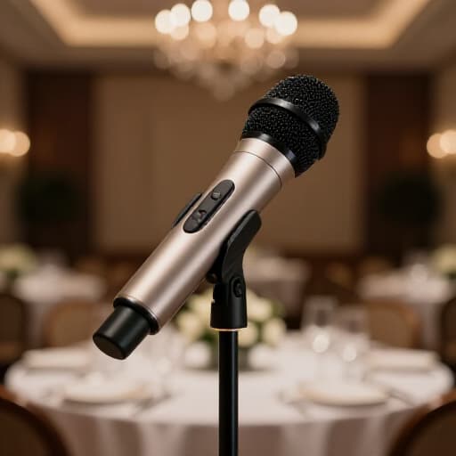 Professional sound system and microphone setup in Beluga Banquet Hall. High-quality audio equipment ready for an event, featuring speakers, mixing console, and wireless microphones, ensuring crystal-clear sound for speeches and live performances.