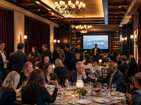 Corporate guests networking and dining during a professional gathering at an elegant San Francisco banquet hall.