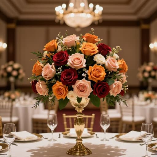 Elegant banquet hall interior set for a private event. A beautifully decorated dedicated event space in San Francisco, ready for a large gathering with tables, chairs, and chandeliers.
