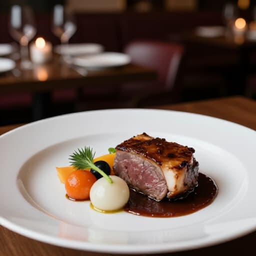 Elegant dinner dining setting at Beluga Restaurant in San Francisco. A beautifully set table with exquisite food, wine, and a sophisticated ambiance, perfect for romantic evenings or special gatherings.