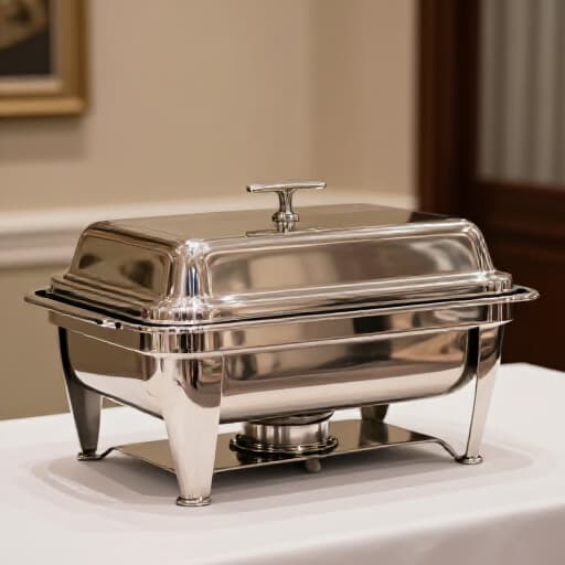 Professional corporate catering delivery and setup in San Francisco. A team member setting up a business lunch buffet with chafing dishes and serving utensils in an office environment, ready for employees.