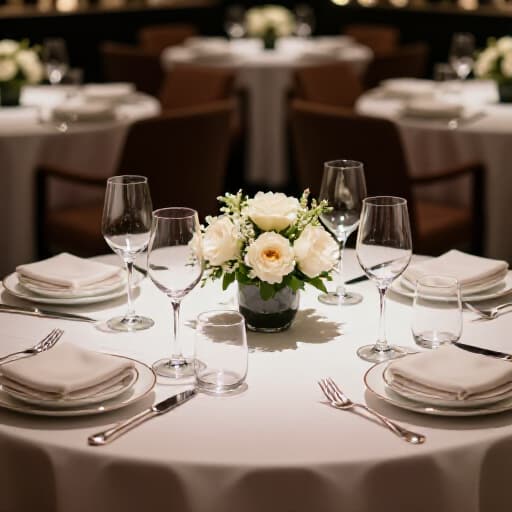 Elegant table setting ready for dinner reservations in San Francisco. A beautifully arranged dining table at Beluga Restaurant, showcasing fine china, crystal glassware, and a warm, inviting ambiance perfect for a premier dinner dining experience.