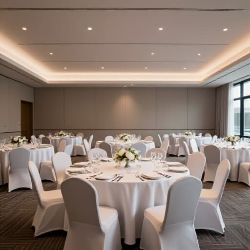 Elegant and customizable banquet event space in San Francisco, set up for a special occasion. The hall features beautifully arranged tables, ambient lighting, and elegant decor, showcasing its versatility for grand events or intimate gatherings, highlighting a premier banquet hall rental in San Francisco.