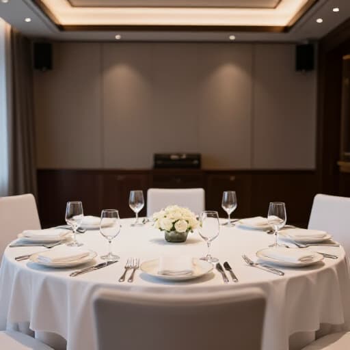 Elegant corporate dinner event setup at Beluga Banquet Hall in San Francisco, featuring beautifully arranged tables and professional lighting for a business gathering.