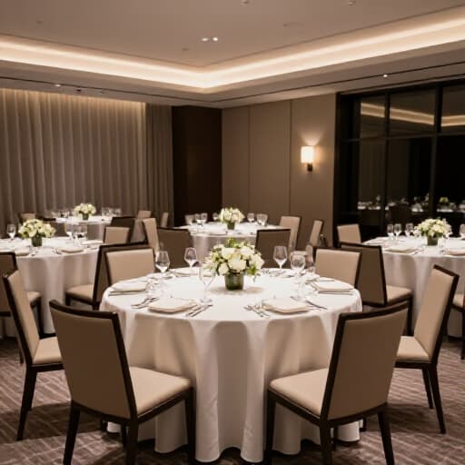 Elegant Event Space Rental in San Francisco. A beautifully set banquet hall at Beluga Restaurant, featuring sophisticated decor, tables draped in white linen, and ambient lighting, ready to host a premier event in San Francisco.