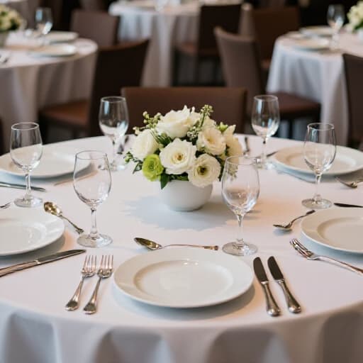 Elegant Event Venue in San Francisco. A beautifully set banquet hall ready for an event, showcasing elegant table settings, lighting, and spacious layout, perfect for celebrations and gatherings.