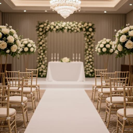 Elegant and Flexible Indoor Wedding Ceremony Setup in San Francisco. A beautifully transformed banquet hall designed for a serene and romantic wedding ceremony, featuring a decorated aisle, seating arrangements, and professional lighting.