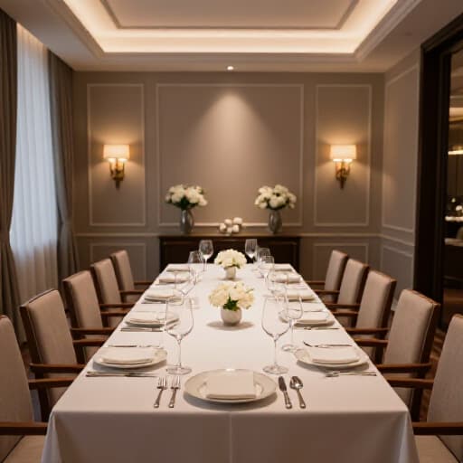 Elegant Private Banquet Room Set for an Event. A beautifully decorated private banquet room at Beluga Restaurant & Banquet Hall, ready for an intimate gathering or corporate event, showcasing exquisite table settings and sophisticated ambiance.