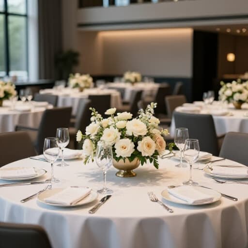 Elegant San Francisco Banquet Hall Wedding Reception Venue. A beautifully decorated banquet hall set up for a wedding reception, featuring ornate chandeliers, draped tables, and floral centerpieces, ready for guests.