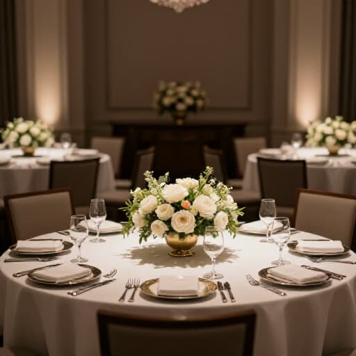 Elegant wedding reception in San Francisco. A beautifully set banquet hall featuring floral decorations, white tablecloths, and ambient lighting, ready to host a memorable celebration.