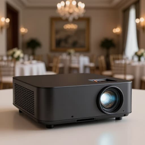 State-of-the-art AV equipment setup in a modern event space. High-definition projector displaying content, robust sound system speakers, and a variety of microphones for professional audio visual services in San Francisco.