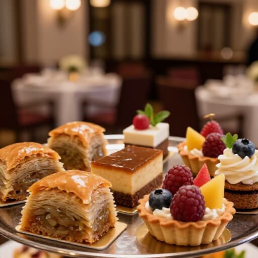 Exquisite Dessert Stations for Events in San Francisco. A beautifully arranged dessert bar featuring a variety of house-made pastries, mini cakes, fruit tarts, and traditional Russian and Armenian sweets, perfectly presented for a sophisticated event.