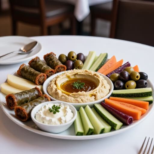 Exquisite Mezze Platters in San Francisco. A beautifully arranged mezze platter featuring a variety of authentic Mediterranean, Russian, and Armenian appetizers, perfect for sharing in our San Francisco restaurant.