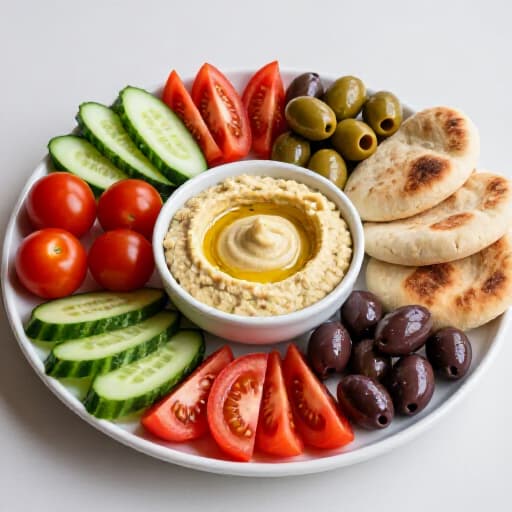 Exquisite Mezze Platter in San Francisco with a variety of dips and fresh ingredients. A vibrant and artfully arranged spread of authentic Mediterranean mezze, including hummus, baba ghanoush, dolma, olives, and fresh vegetables, showcasing Beluga Restaurant
