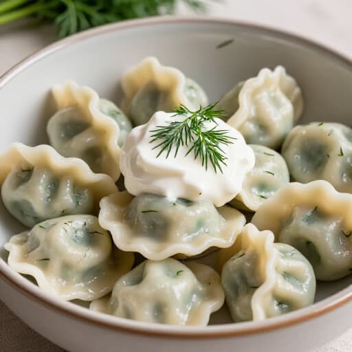 Hand-crafted Russian Pelmeni with Dill and Sour Cream. A close-up view of traditional Russian pelmeni, garnished with fresh dill and a dollop of sour cream, served in a rustic bowl, showcasing the authentic culinary heritage of Beluga Restaurant in San Francisco.