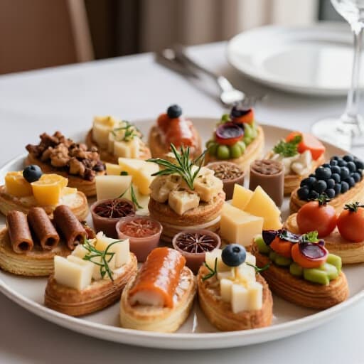 Exquisite Custom Menu for Home Party Catering in San Francisco. A beautifully arranged spread of diverse dishes, showcasing a custom menu prepared for a private home event, featuring elegant appetizers and main courses.
