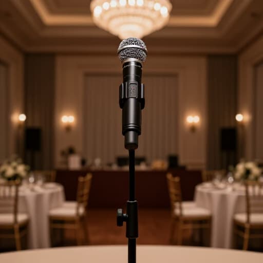 A live band performing on stage at an elegant banquet hall event, with guests enjoying the music. The stage is lit with professional lighting, and the band members are actively engaged with their instruments, creating a vibrant and engaging atmosphere for the event attendees.
