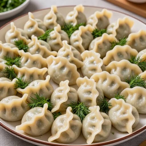 Delicious Pelmeni Catering Platter for San Francisco Events. A beautifully arranged platter of hot-served pelmeni, garnished with fresh herbs, ready to be enjoyed at a San Francisco catered event, showcasing authentic Russian cuisine.