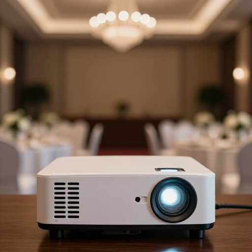 Professional AV equipment setup for an event in San Francisco. High-definition projector, sound system, and lighting equipment ready for a seamless presentation at Beluga Banquet Hall.