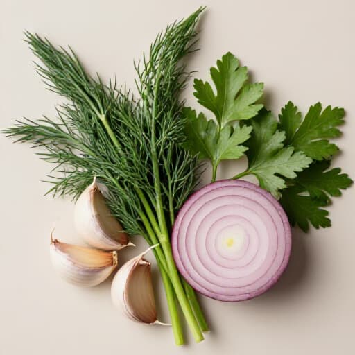 A vibrant platter showcasing fresh herbs, garlic, and onions, key ingredients shared across Russian, Armenian, and Mediterranean cuisines. Detailed shot of fresh dill, parsley, red onions, and whole garlic cloves, symbolizing culinary connections and rich flavors.