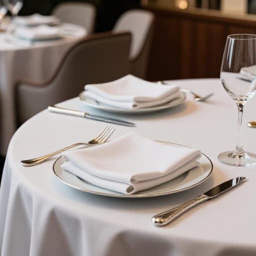 Elegantly set up banquet hall for corporate events in San Francisco. A professional and sophisticated environment ready for business meetings or corporate dinners, featuring pristine table settings and ambient lighting.